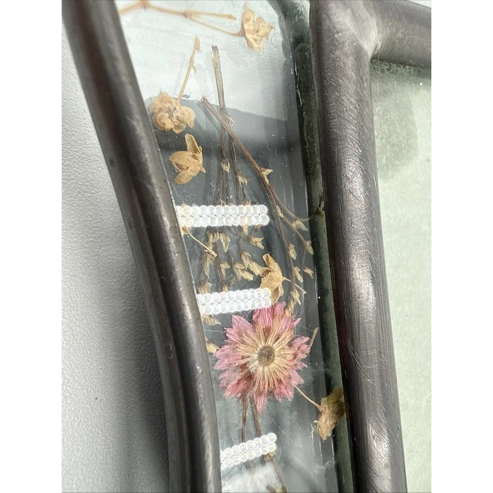 Vintage 1980s Pressed Flower Glass Frame‎ Pewter Tone Picture Frame Cottagecore